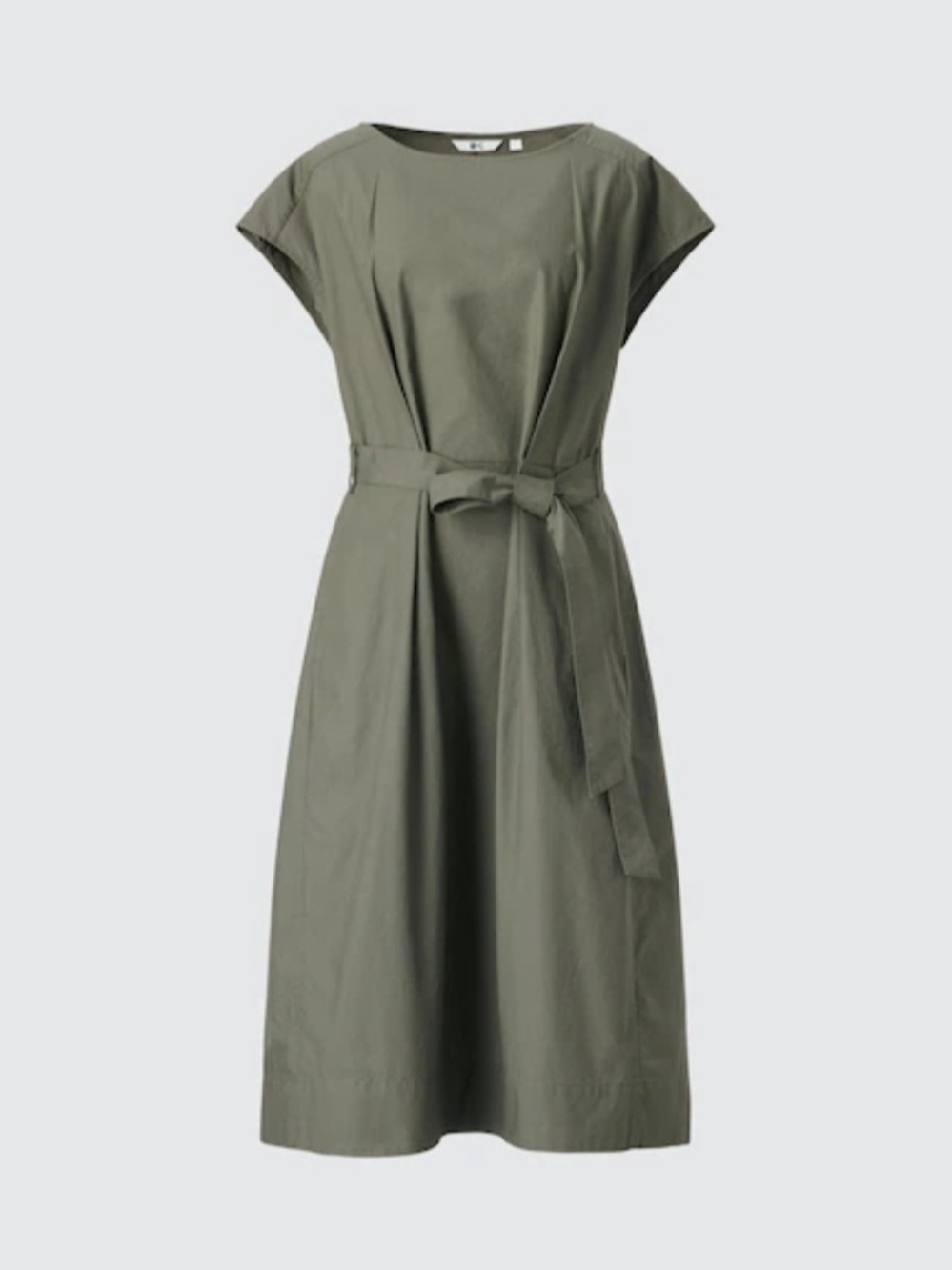 Uniqlo (Sz S) Olive Green 100% Cotton Cap Sleeve Slip Pockets Midi Dress No Belt - Picture 8 of 8